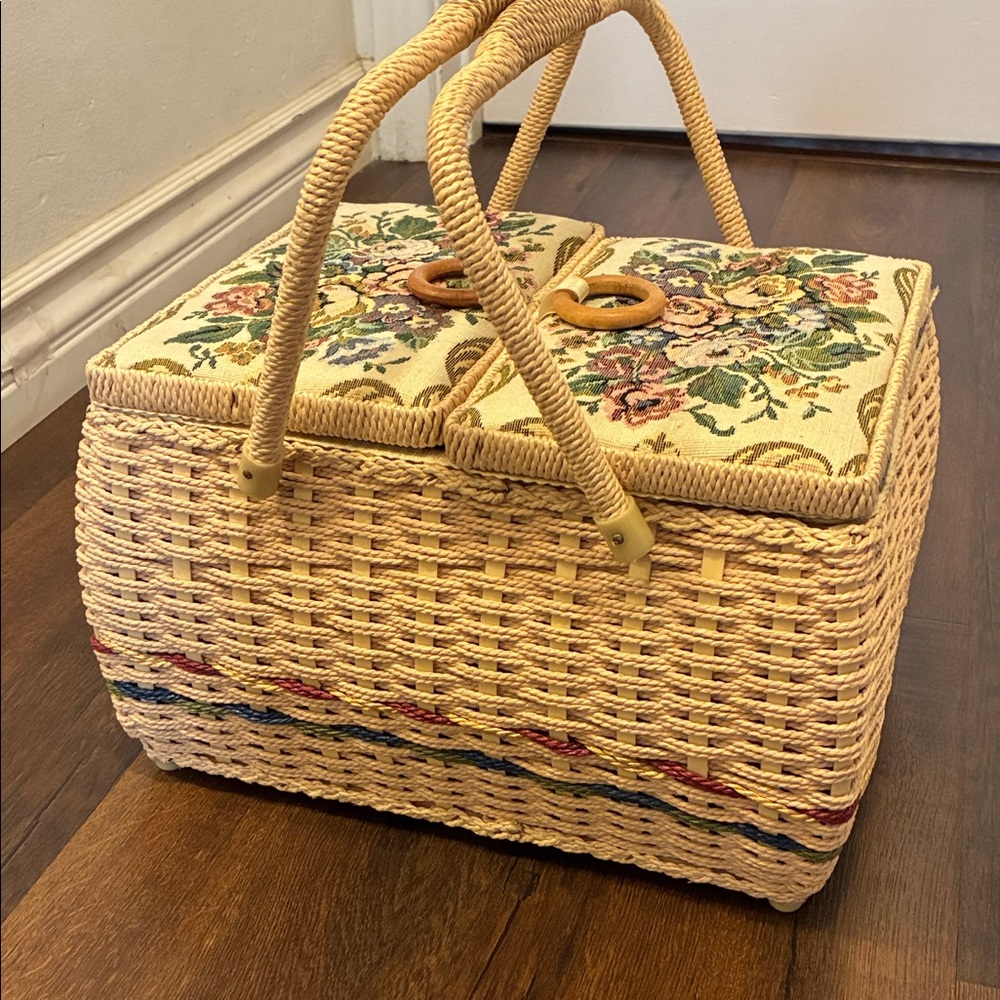 VINTAGE SEWING KIT BASKET Floral Embroidered Tapestry Wicker ANTIQUE COTTAGECORE